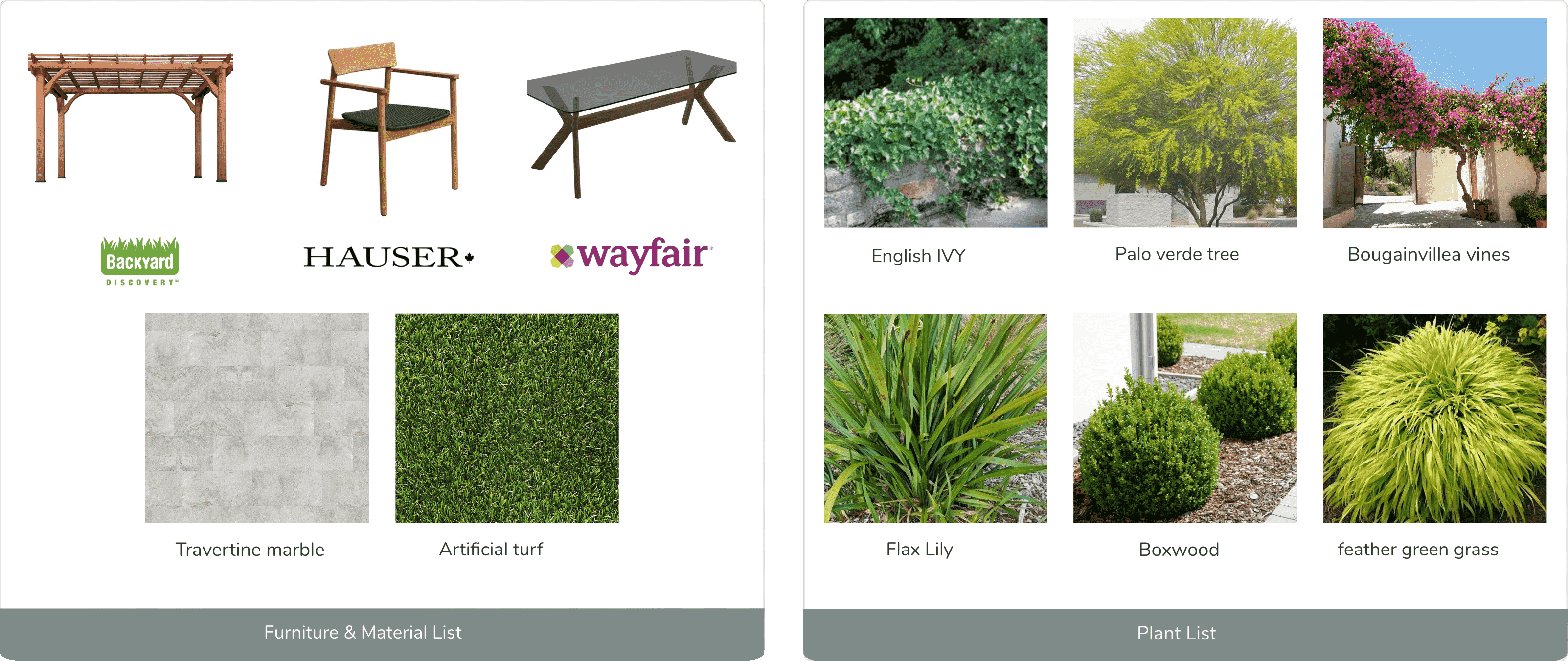 A selection of outdoor furniture and garden plants, including chairs, tables, and diverse flora like Anise Hyssop and Sarastro Bellflower
